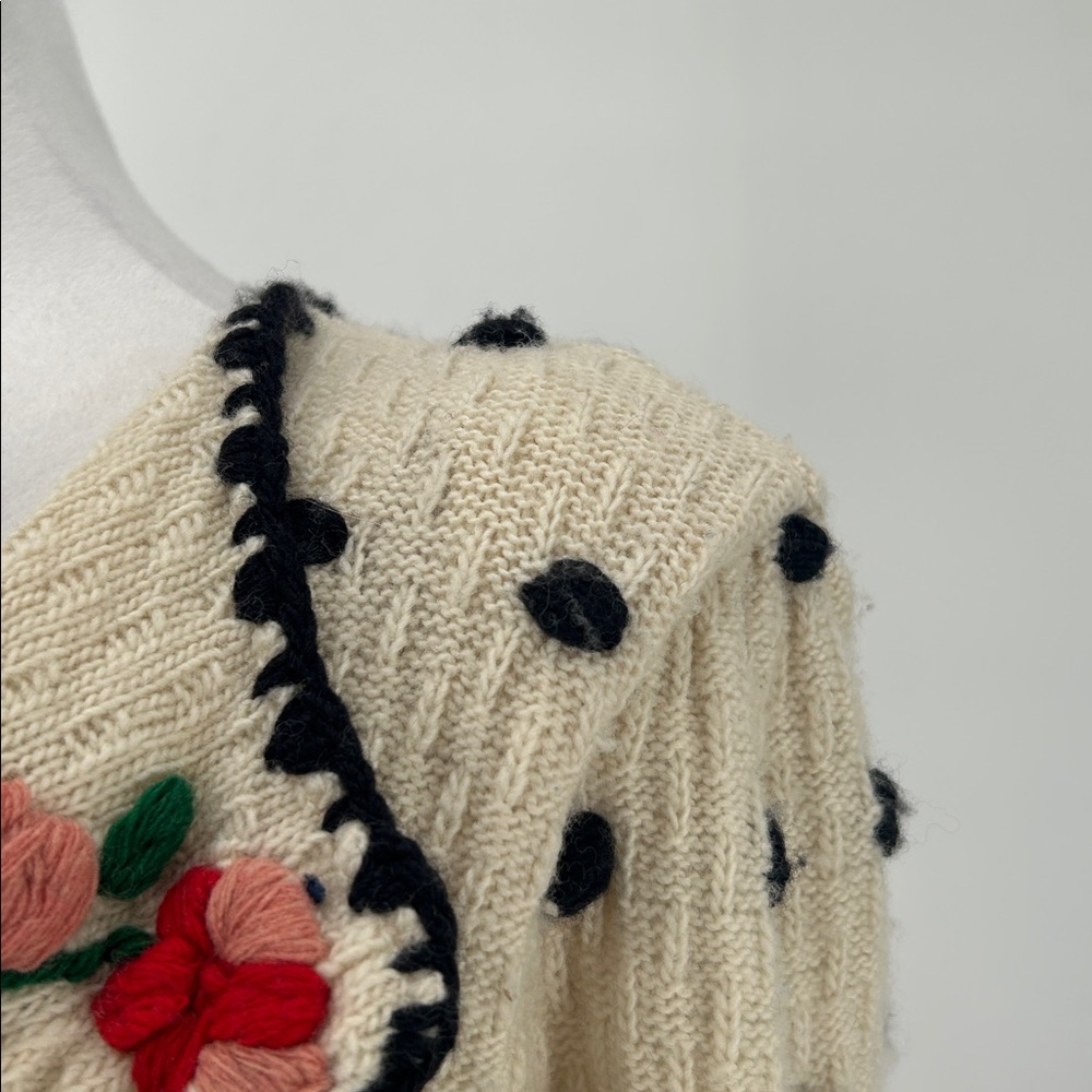 TACH Black and Cream Polka Dot Cardigan Farah Hand-Knitted Wool Cardigan SZ XS - Picture 7 of 15
